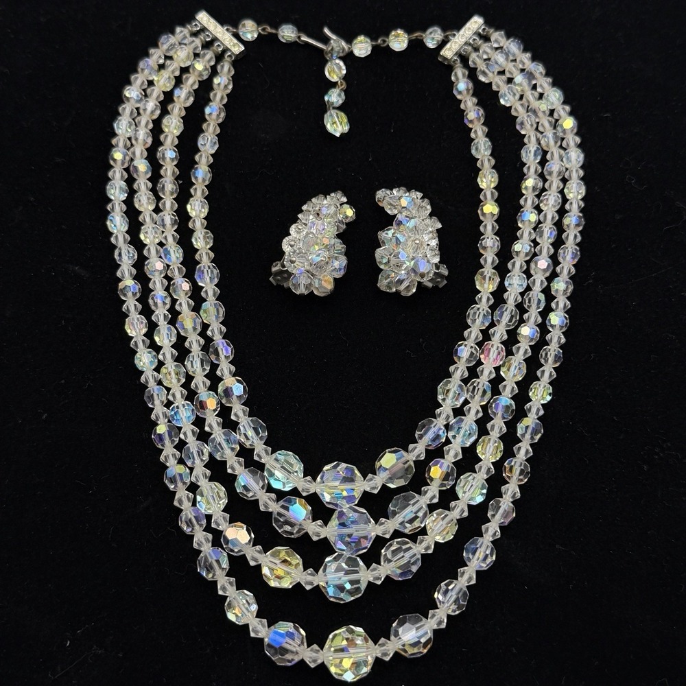 Vintage 4 Strand Aurora Borealis Iridescent Crystal Necklace & Earrings Set READ
